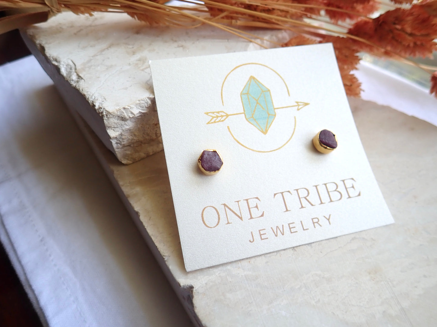 Raw Ruby Stud Earrings – Natural July Birthstone in Gold Setting- 14k Gold Vermeil Studs with Natural Gemstones