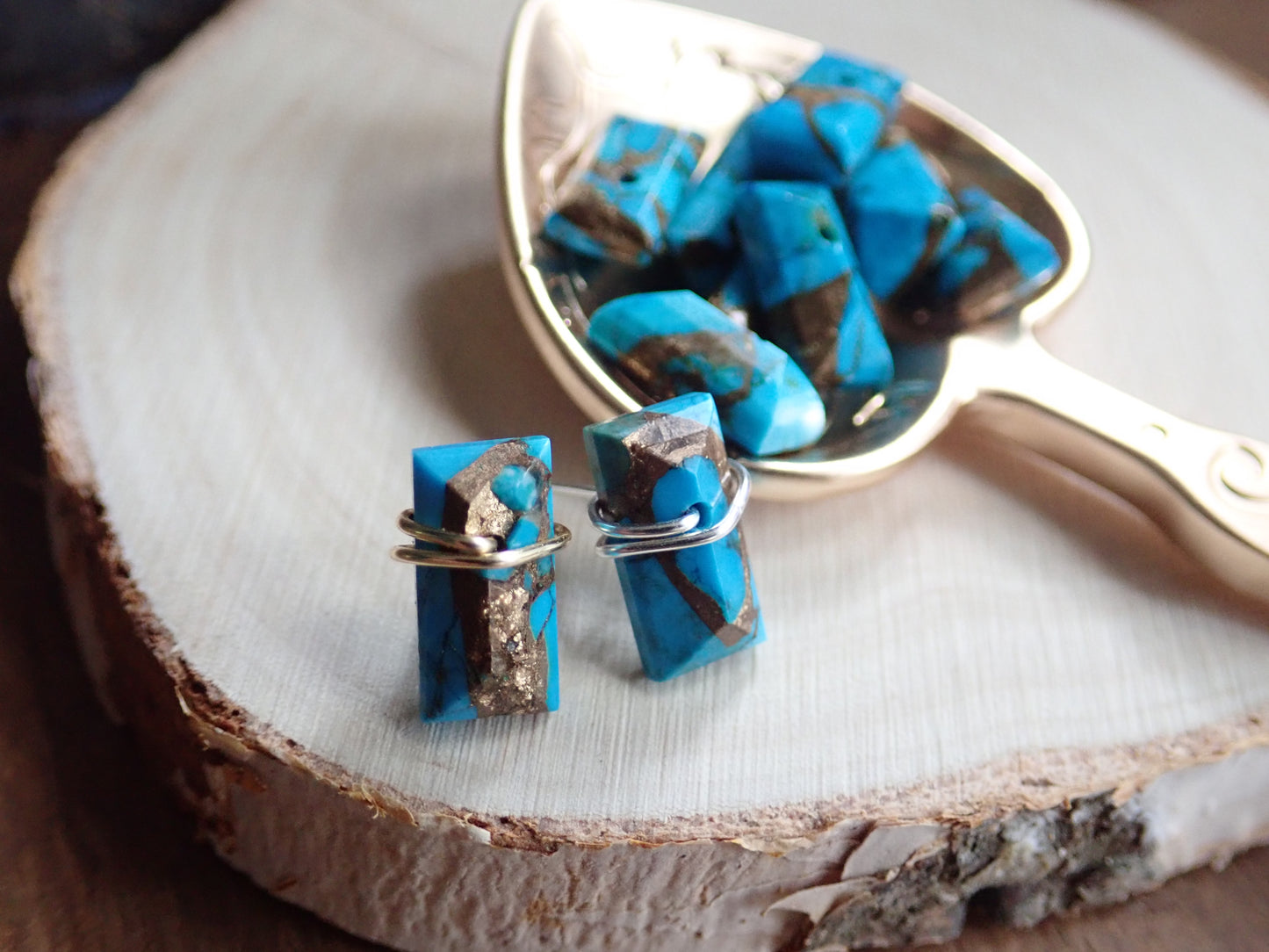 Laredo Genuine Turquoise Stud Earrings, Wire-Wrapped in 14K Gold Fill or Sterling Silver