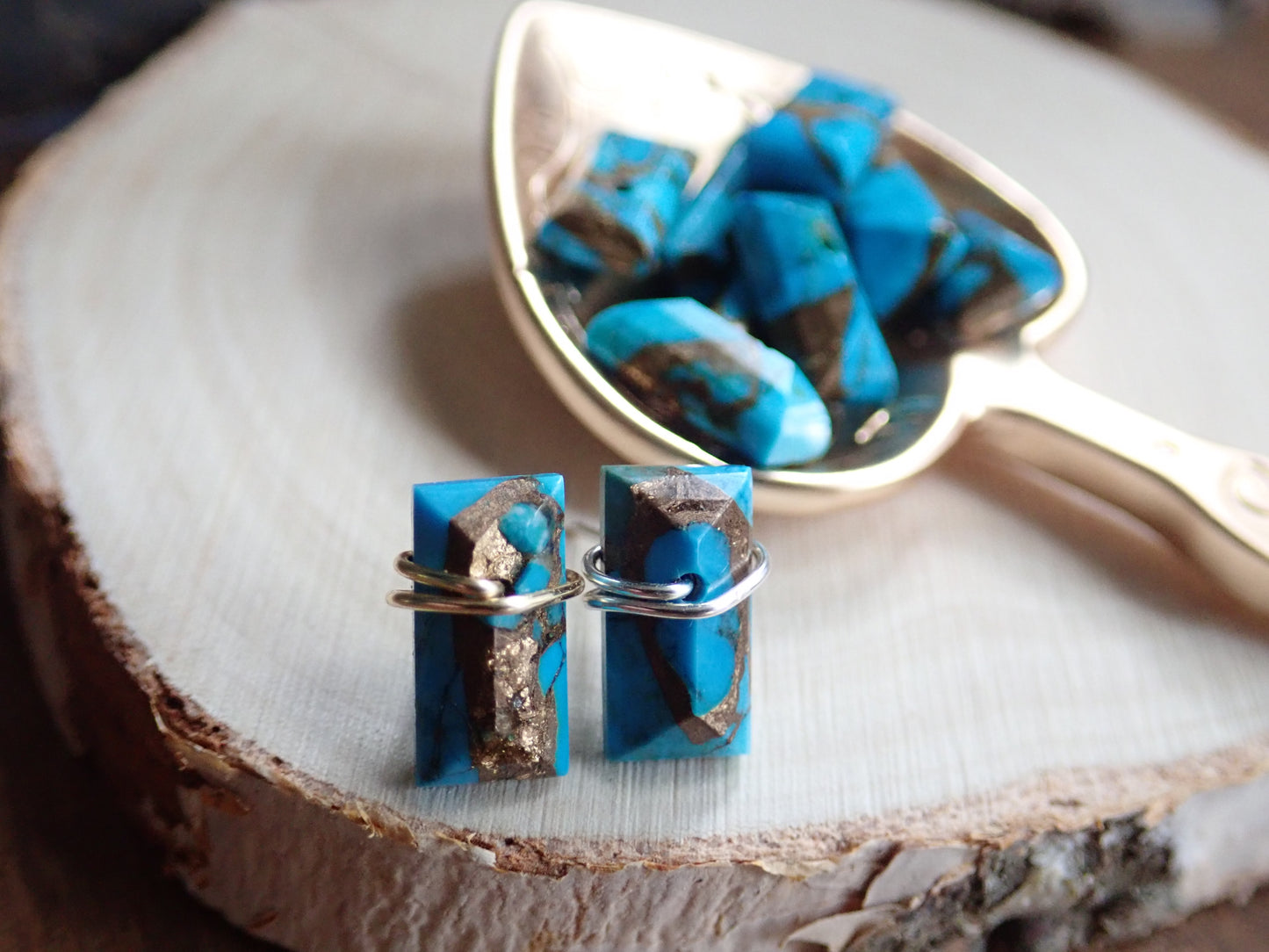 Laredo Genuine Turquoise Stud Earrings, Wire-Wrapped in 14K Gold Fill or Sterling Silver