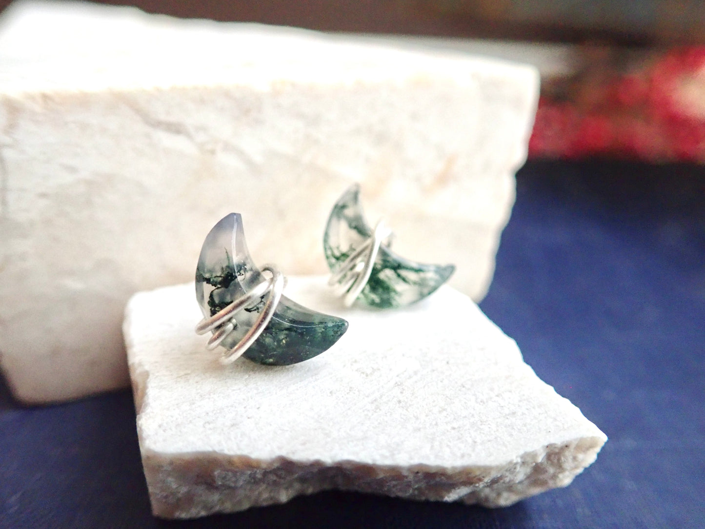 Crescent Moon Moss Agate Earrings- Silver