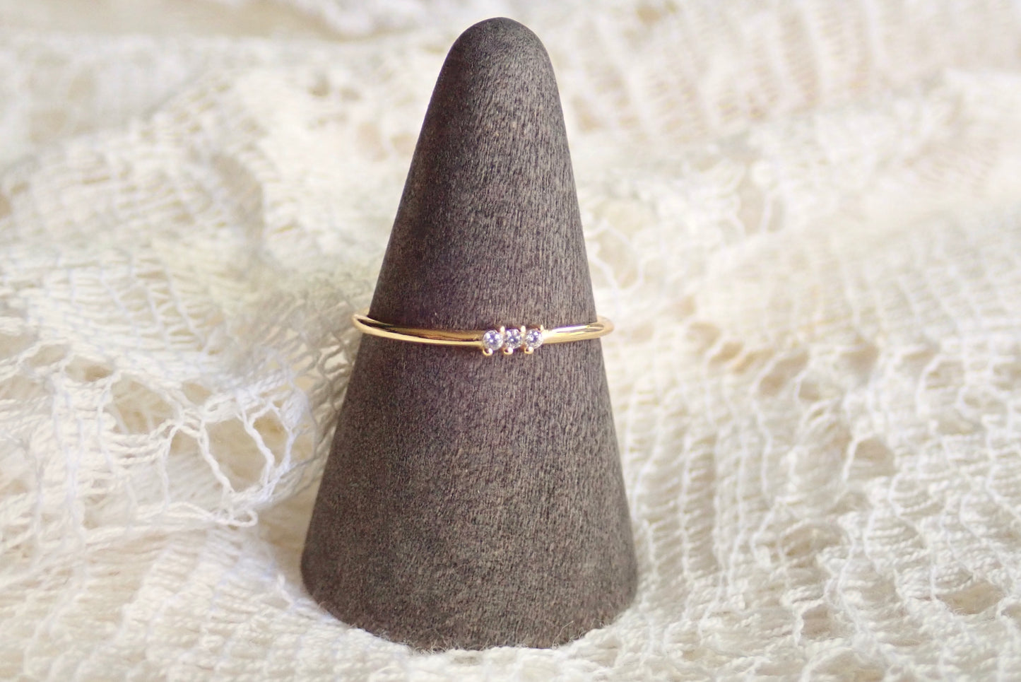 Tiny Triad Dainty Gold Diamond CZ Ring