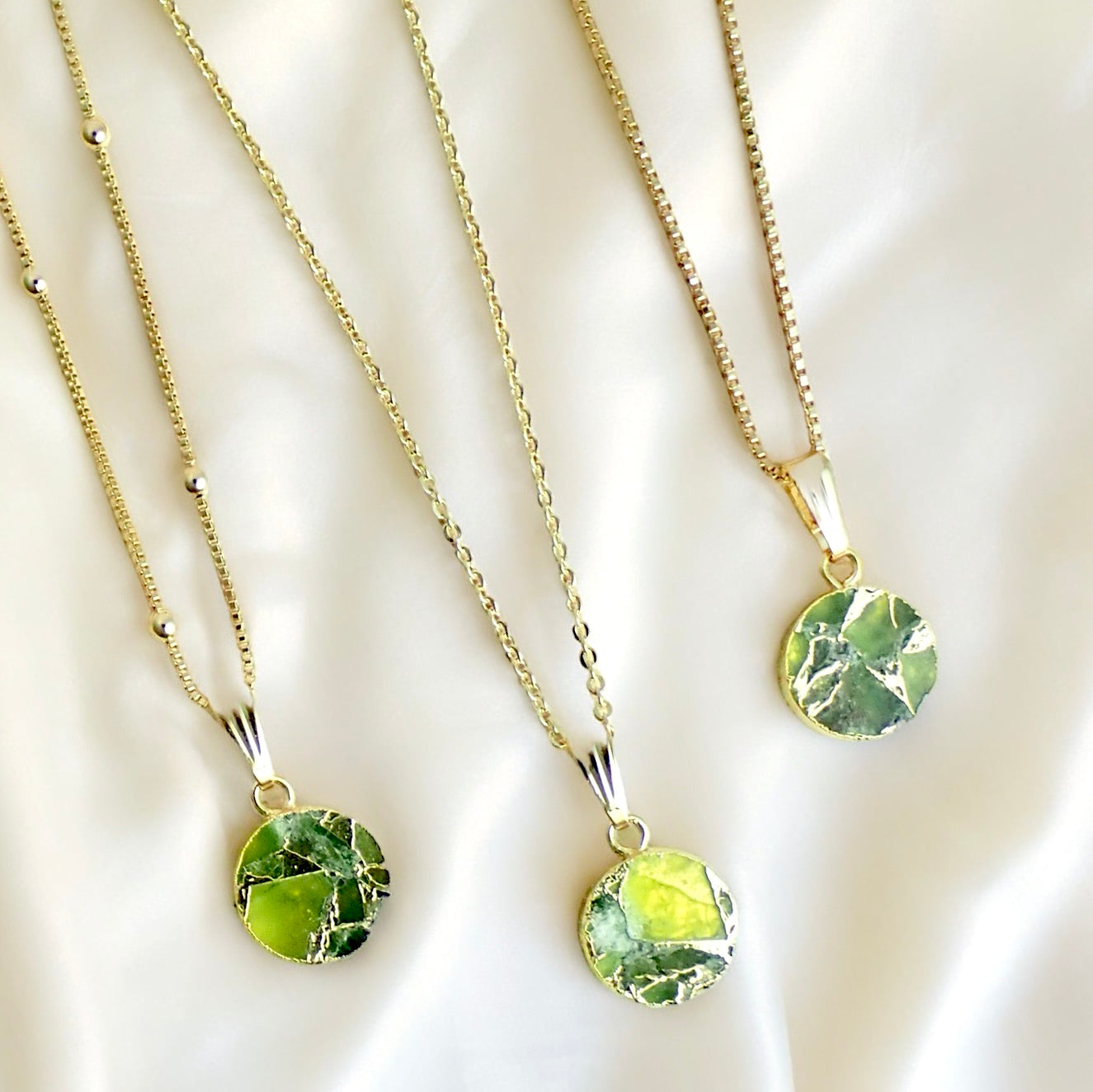 Mojave Turquoise Circle Pendant Necklace, Crushed Peridot, 18K Gold Filled Cable, Box, or Satellite Chain