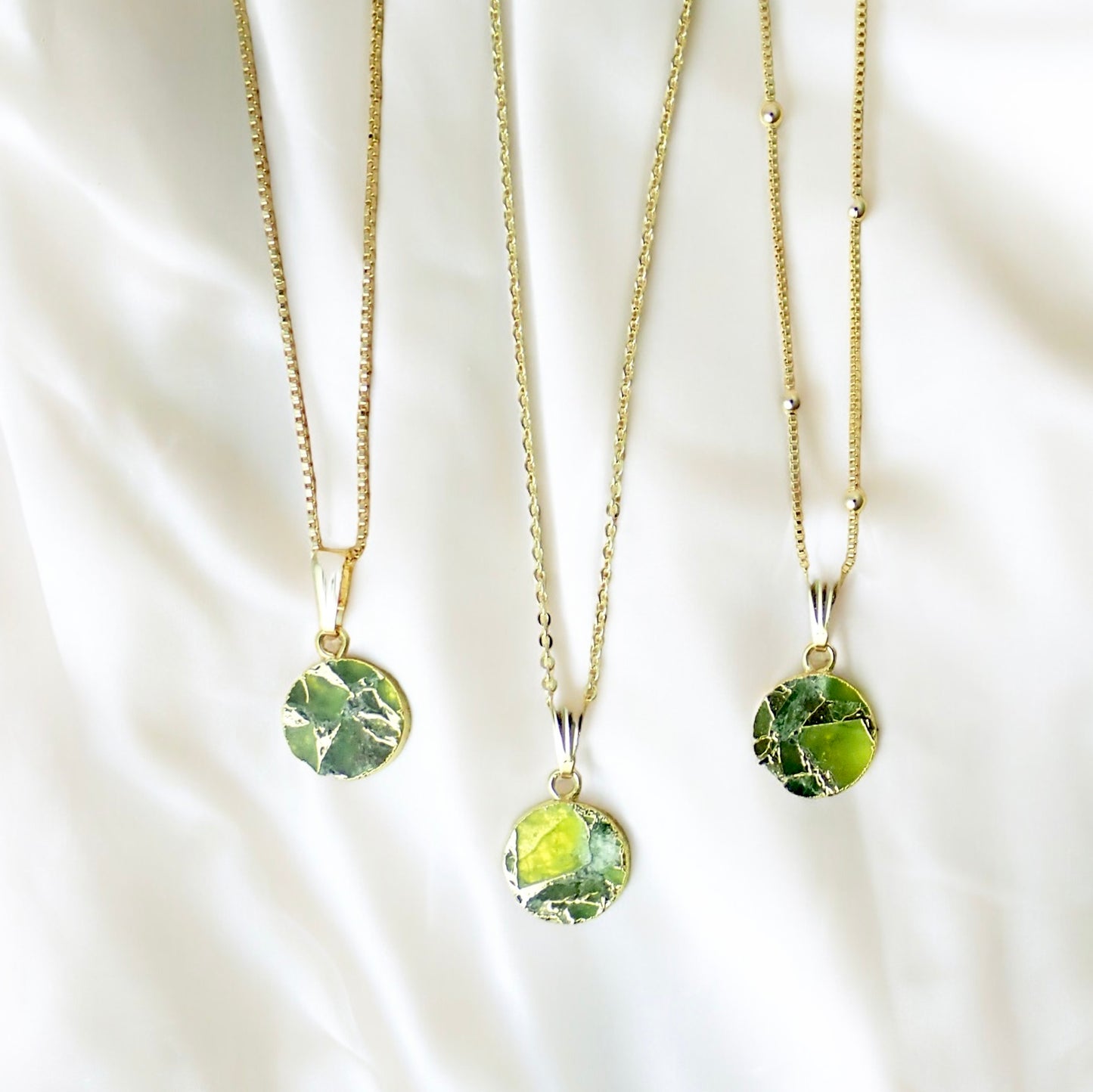 Mojave Turquoise Circle Pendant Necklace, Crushed Peridot, 18K Gold Filled Cable, Box, or Satellite Chain