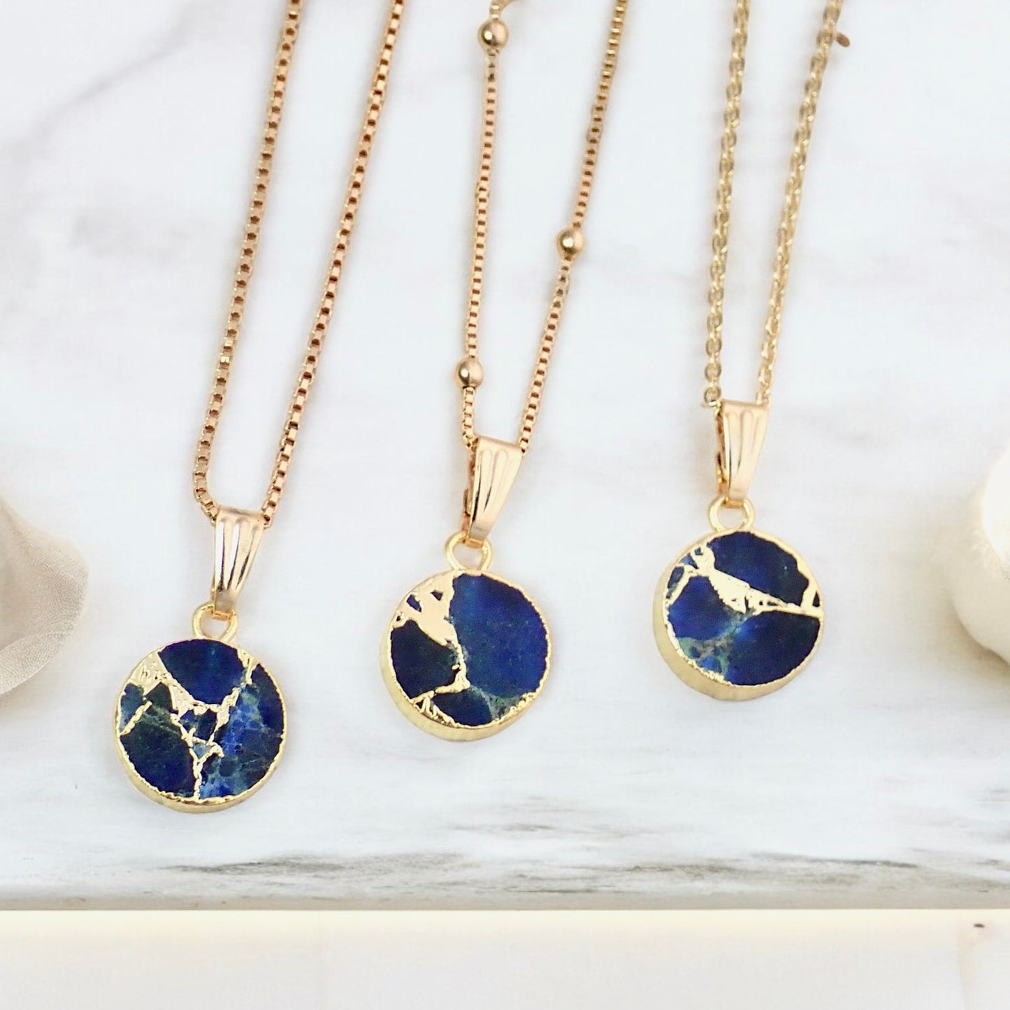 Mojave Turquoise Circle Pendant Necklace, Crushed Blue Sapphire, 18K Gold Filled Cable, Box, or Satellite Chain