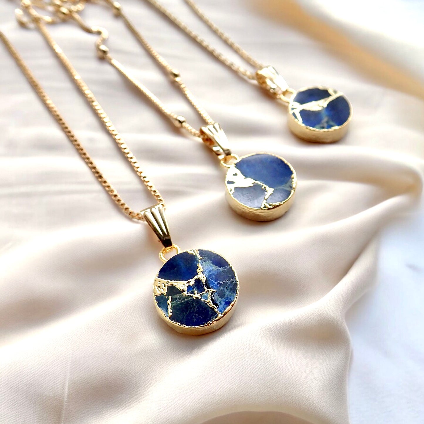 Mojave Turquoise Circle Pendant Necklace, Crushed Blue Sapphire, 18K Gold Filled Cable, Box, or Satellite Chain