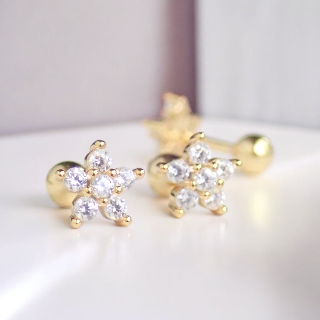 Tiny Flower Diamond Stud Earrings Ball End