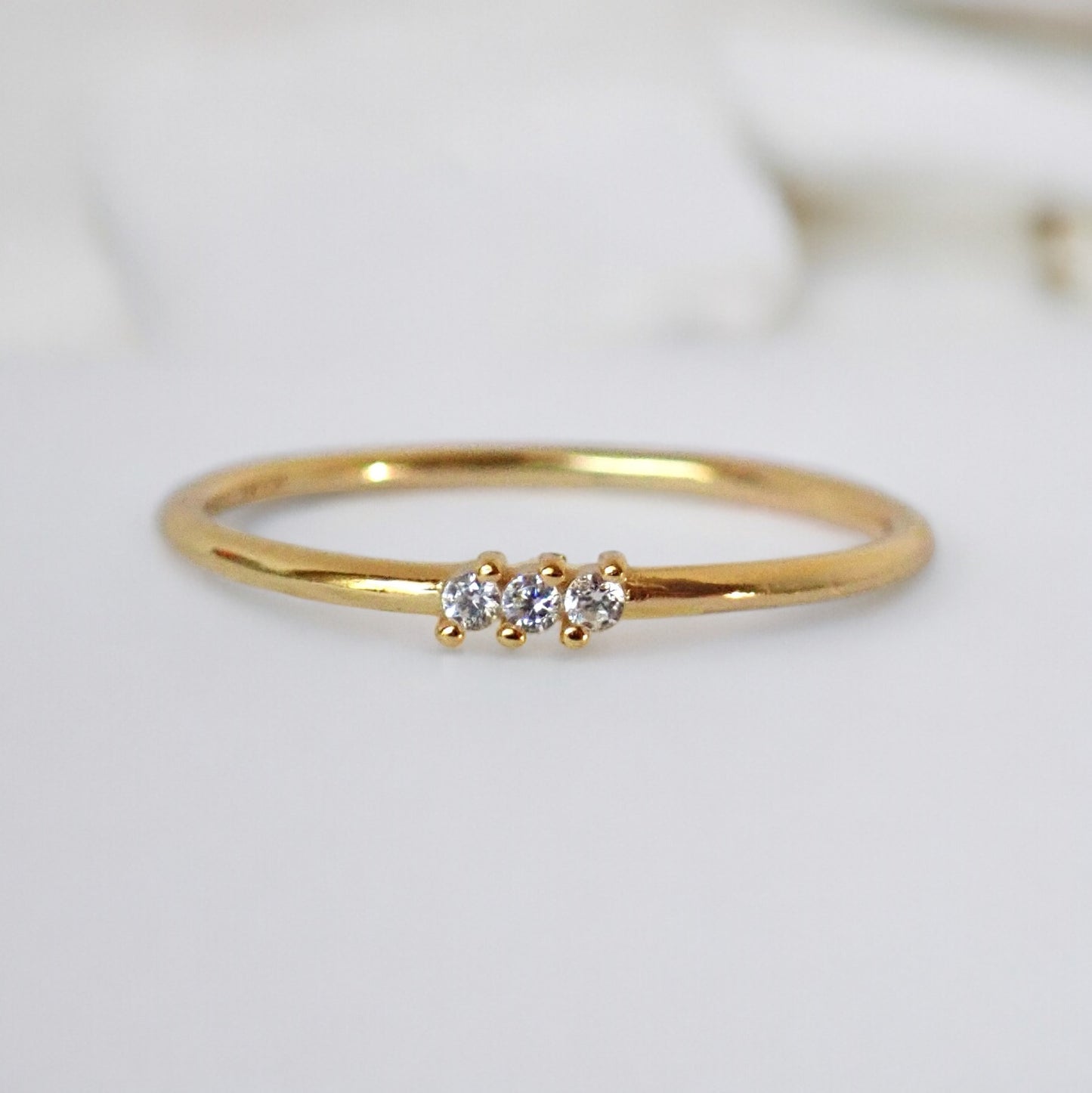 Tiny Triad Dainty Gold Diamond CZ Ring
