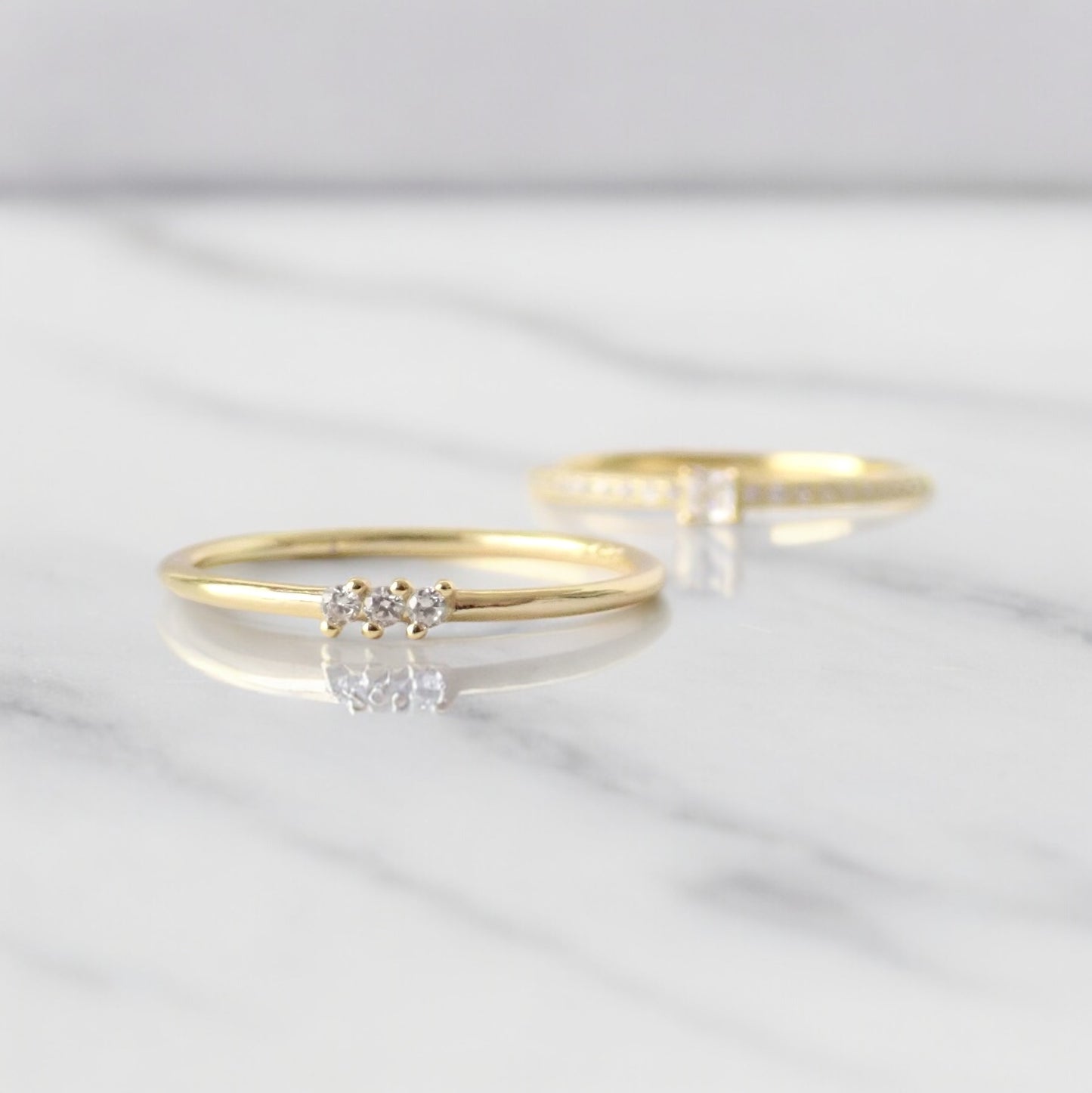 Tiny Triad Dainty Gold Diamond CZ Ring