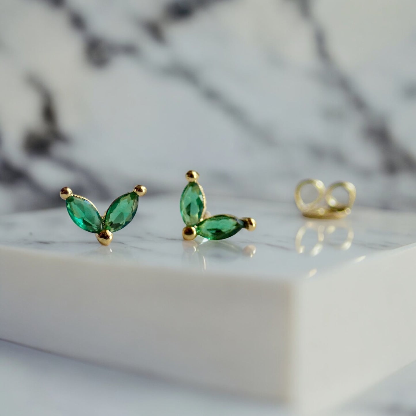 Tiny Emerald Marquise CZ Stud Earrings | 14k Gold Vermeil | Hypo-Allergenic | Cubic Zirconia
