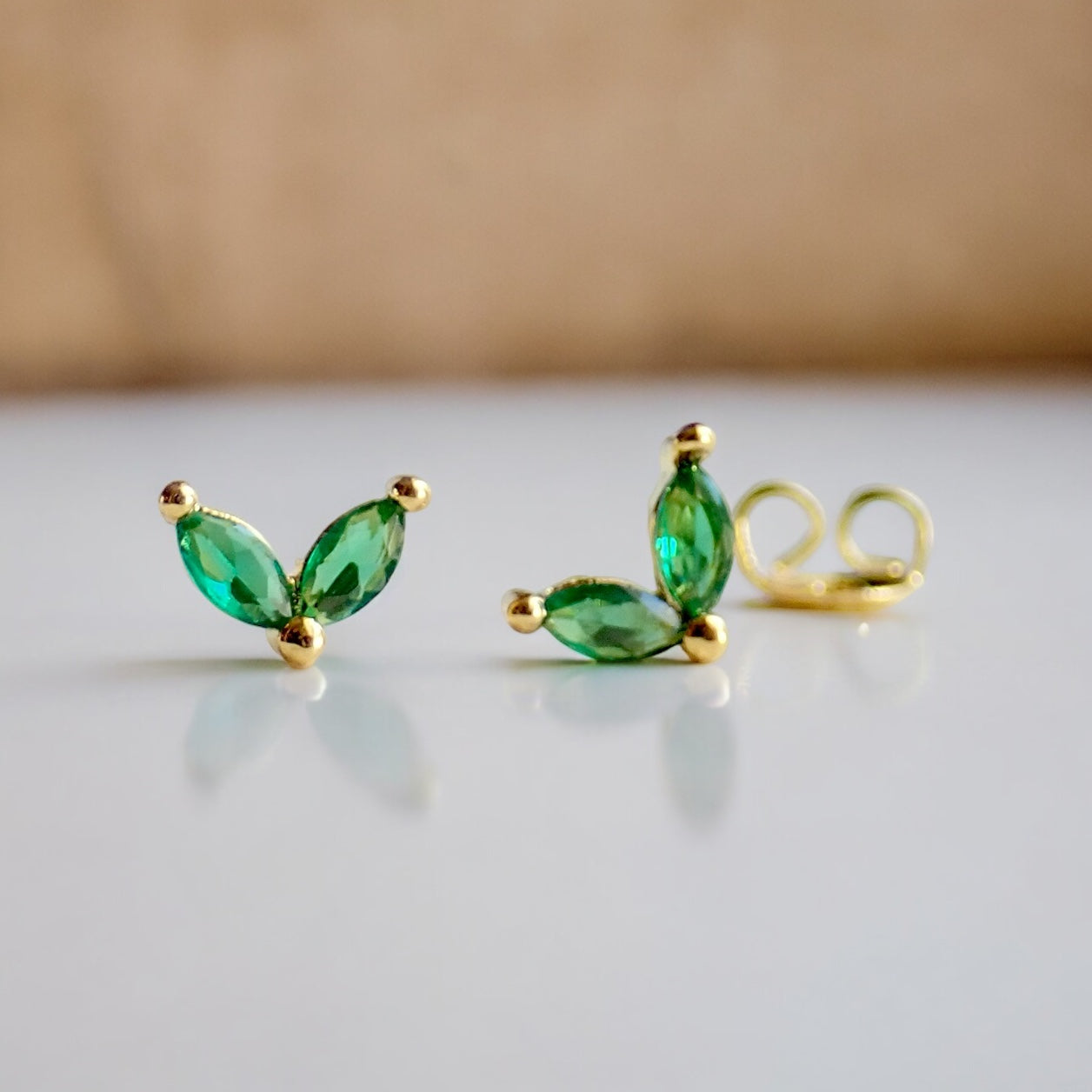 Tiny Emerald Marquise CZ Stud Earrings | 14k Gold Vermeil | Hypo-Allergenic | Cubic Zirconia
