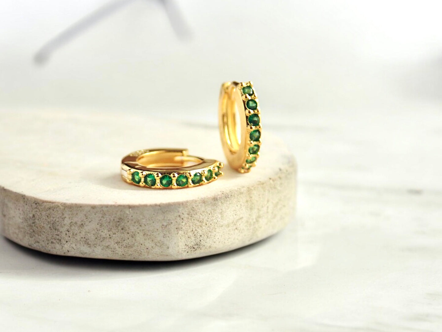 Emerald Islands Green CZ Huggie Hoops in 18k Gold Vermeil, Dainty Gemstone Hoop Earrings, May Birthstone Gift