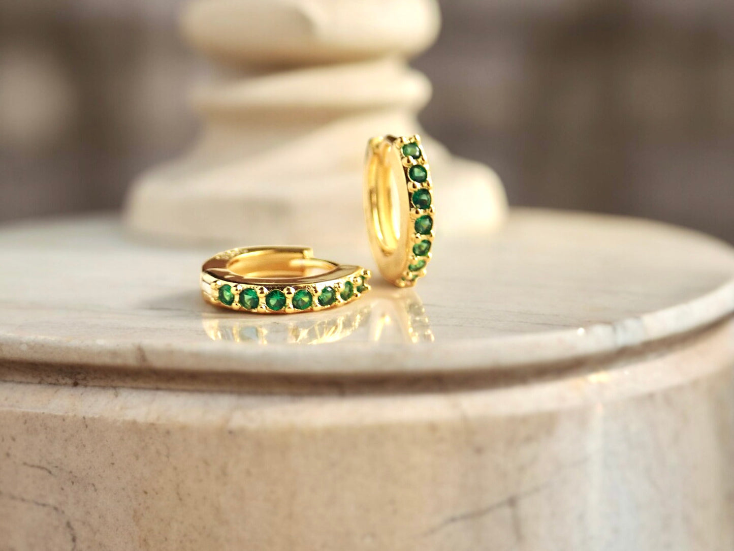 Emerald Islands Green CZ Huggie Hoops in 18k Gold Vermeil, Dainty Gemstone Hoop Earrings, May Birthstone Gift