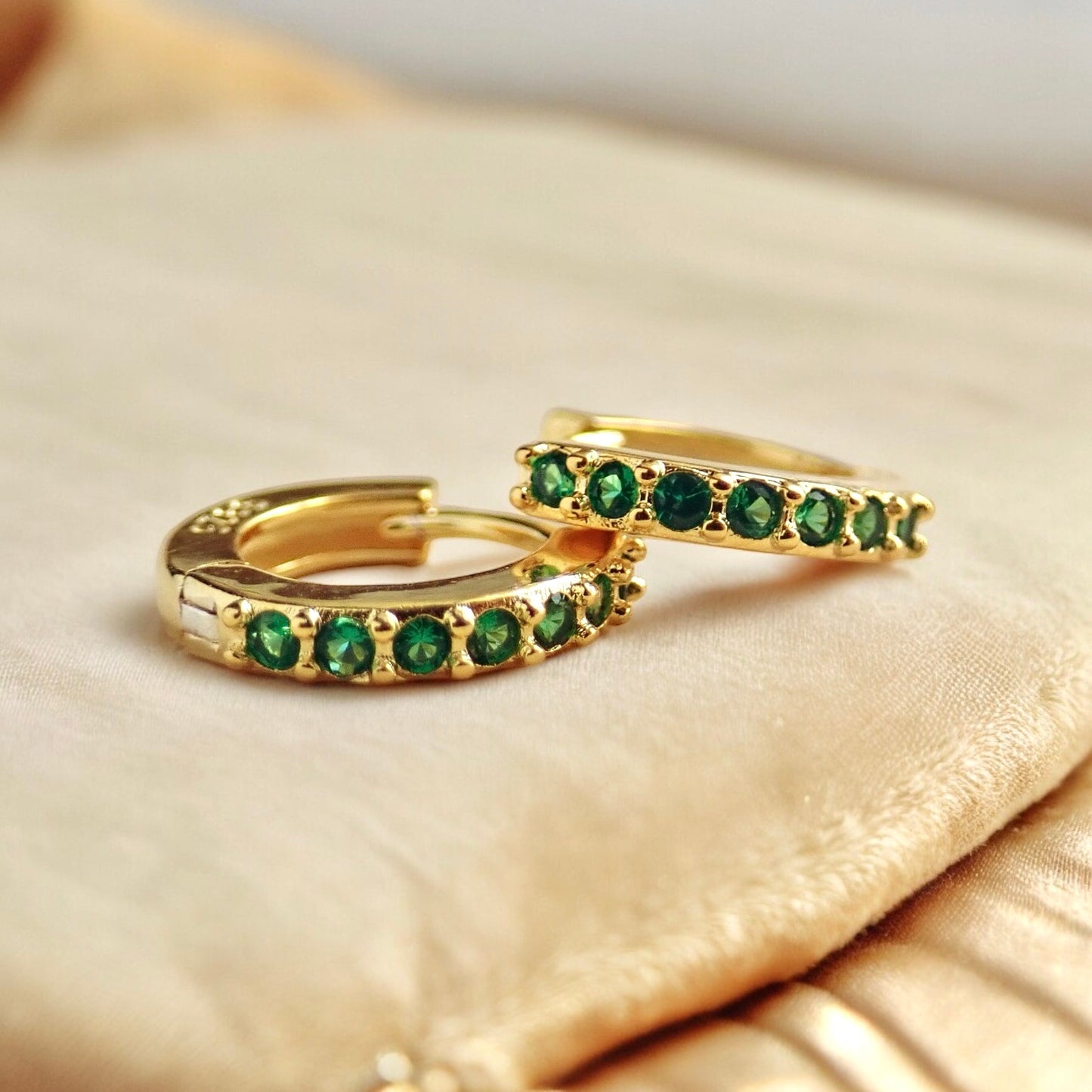 Emerald Islands Green CZ Huggie Hoops in 18k Gold Vermeil, Dainty Gemstone Hoop Earrings, May Birthstone Gift