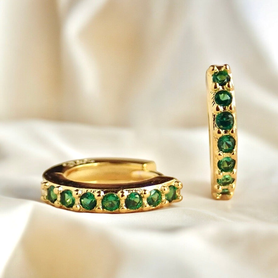 Emerald Islands Green CZ Huggie Hoops in 18k Gold Vermeil, Dainty Gemstone Hoop Earrings, May Birthstone Gift