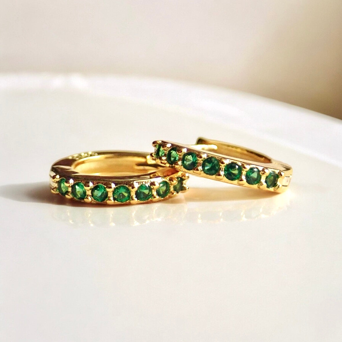 Emerald Islands Green CZ Huggie Hoops in 18k Gold Vermeil, Dainty Gemstone Hoop Earrings, May Birthstone Gift