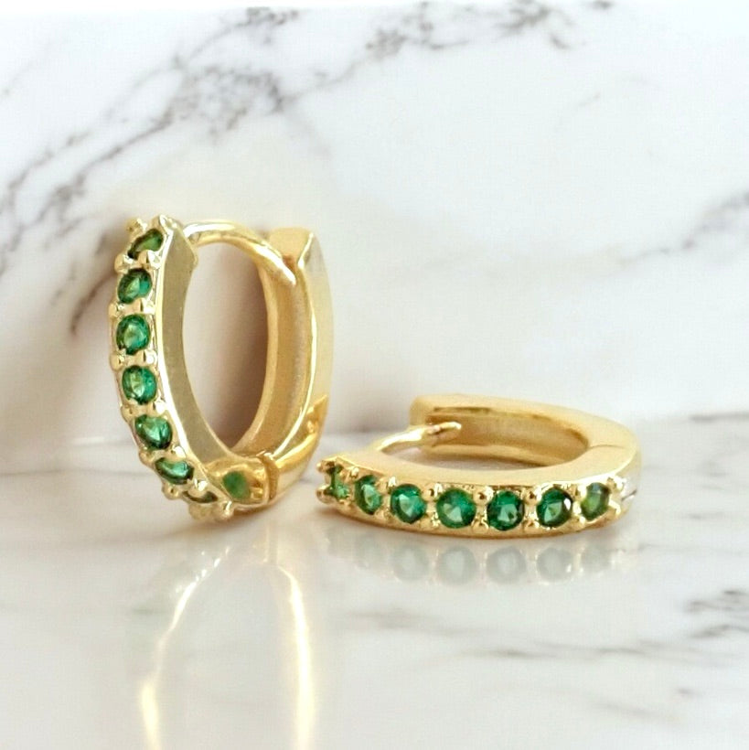 Emerald Islands Green CZ Huggie Hoops in 18k Gold Vermeil, Dainty Gemstone Hoop Earrings, May Birthstone Gift