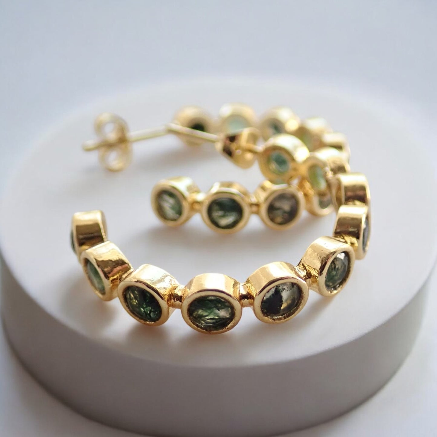 Moss Agate Hoop Earrings, Gold Gemstone Hoops, Moss Agate Jewelry, Green Stone Earrings, Boho Nature Inspired Jewelry Gift, Medium Hoops