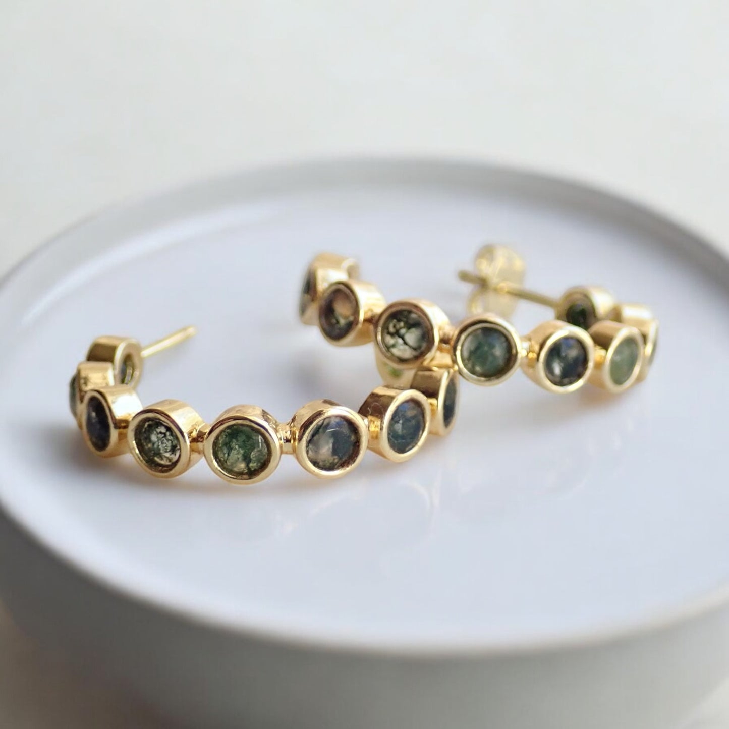 Moss Agate Hoop Earrings, Gold Gemstone Hoops, Moss Agate Jewelry, Green Stone Earrings, Boho Nature Inspired Jewelry Gift, Medium Hoops