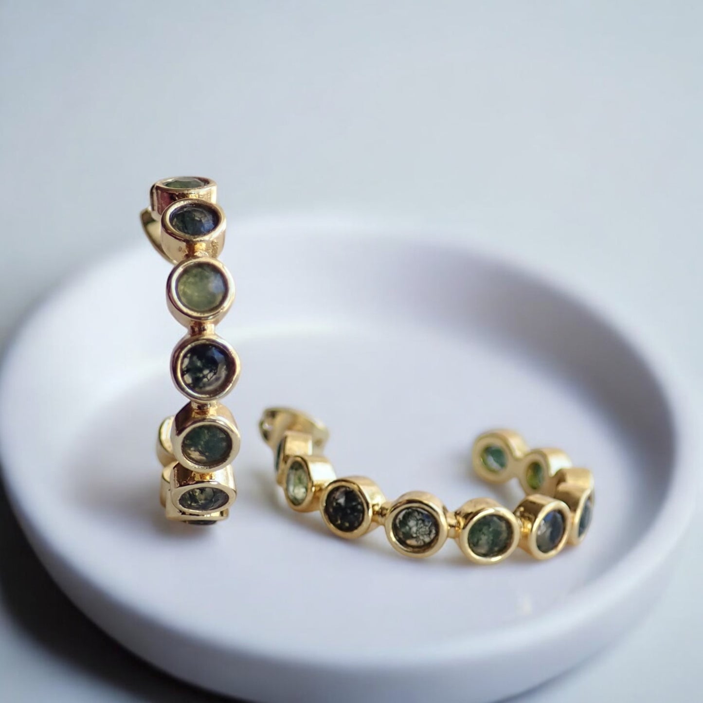 Moss Agate Hoop Earrings, Gold Gemstone Hoops, Moss Agate Jewelry, Green Stone Earrings, Boho Nature Inspired Jewelry Gift, Medium Hoops