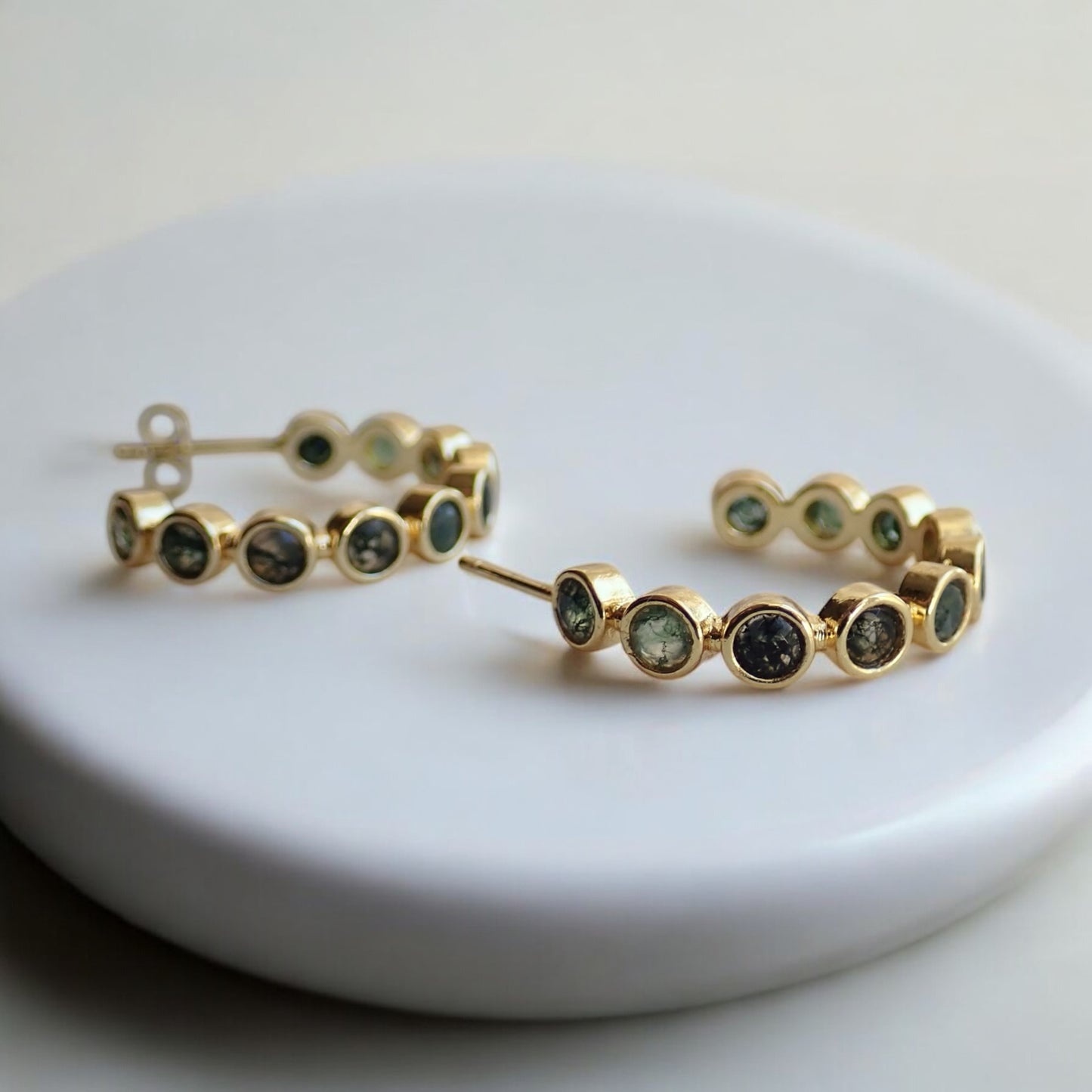 Moss Agate Hoop Earrings, Gold Gemstone Hoops, Moss Agate Jewelry, Green Stone Earrings, Boho Nature Inspired Jewelry Gift, Medium Hoops
