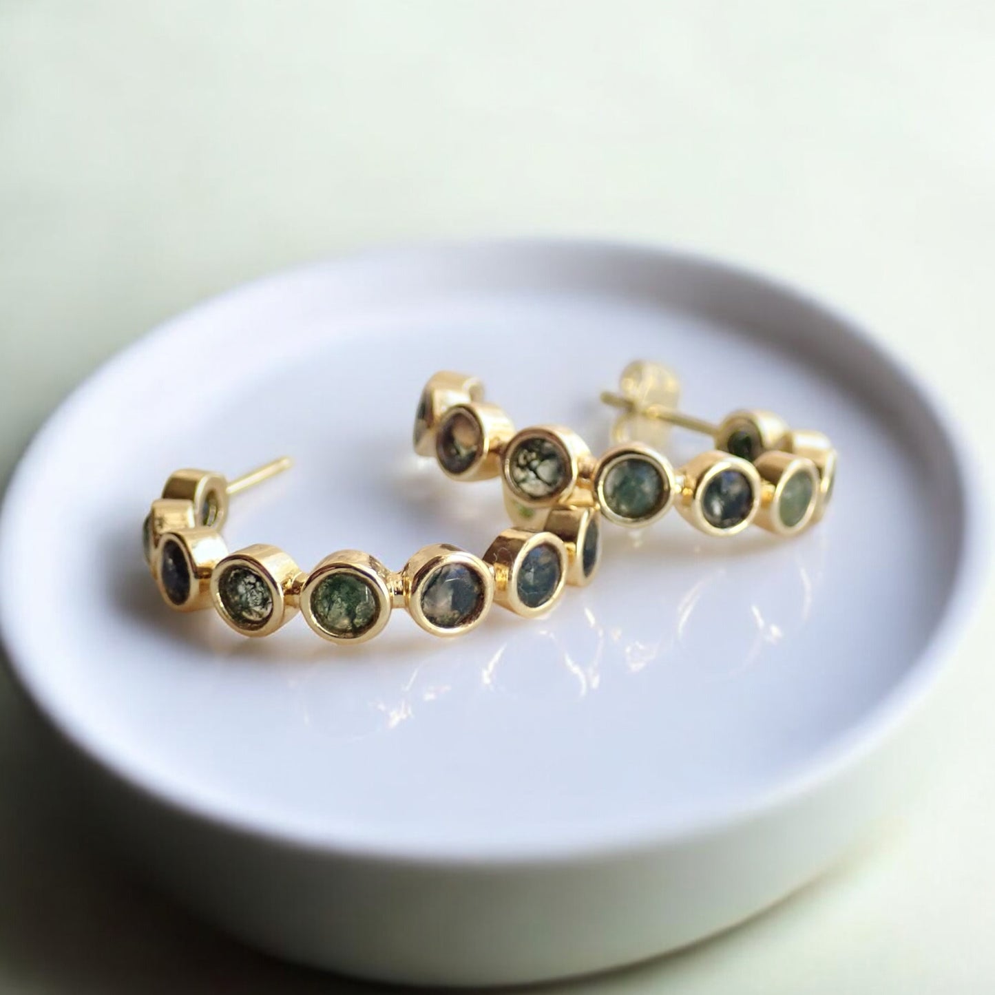 Moss Agate Hoop Earrings, Gold Gemstone Hoops, Moss Agate Jewelry, Green Stone Earrings, Boho Nature Inspired Jewelry Gift, Medium Hoops