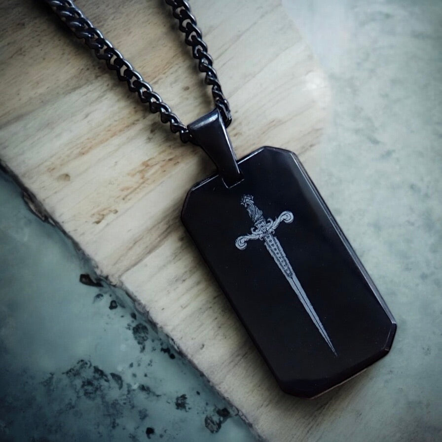 Men’s Black Stainless Steel Dog Tag Necklace – Sword Engraved Pendant with Cuban Chain – Shiny Laser Etched Warrior Jewelry