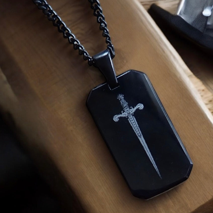 Men’s Black Stainless Steel Dog Tag Necklace – Sword Engraved Pendant with Cuban Chain – Shiny Laser Etched Warrior Jewelry