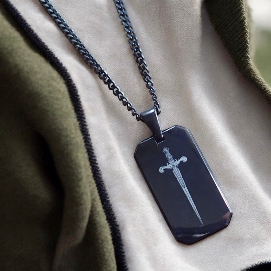 Men’s Black Stainless Steel Dog Tag Necklace – Sword Engraved Pendant with Cuban Chain – Shiny Laser Etched Warrior Jewelry