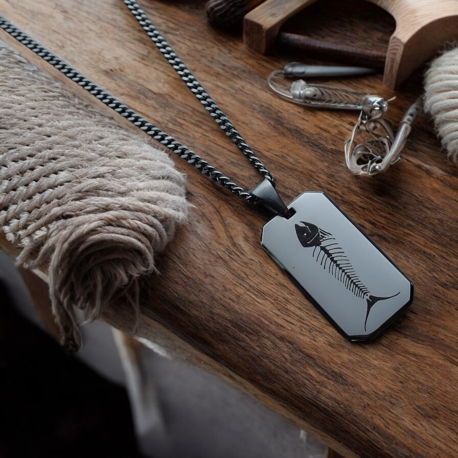 Men’s Stainless Steel Dog Tag Necklace – Fish Skeleton Engraved Pendant with Cuban Chain – Silver Fisherman Outdoorsman Chef Jewelry