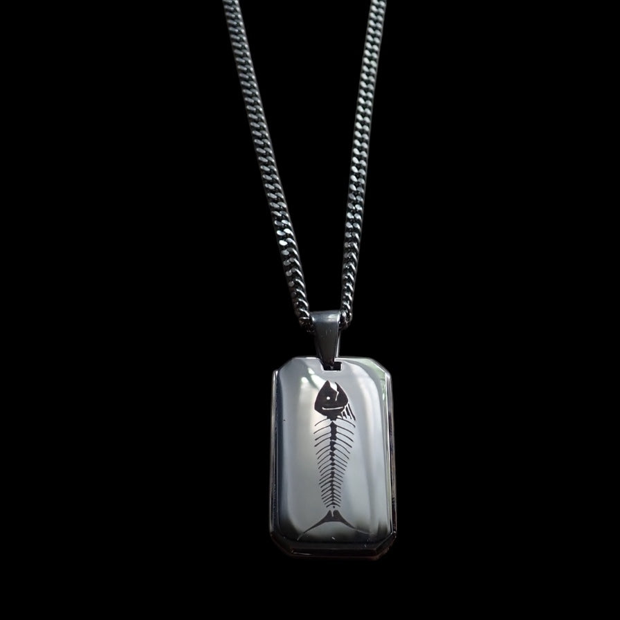Men’s Stainless Steel Dog Tag Necklace – Fish Skeleton Engraved Pendant with Cuban Chain – Silver Fisherman Outdoorsman Chef Jewelry