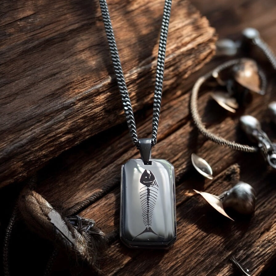 Men’s Stainless Steel Dog Tag Necklace – Fish Skeleton Engraved Pendant with Cuban Chain – Silver Fisherman Outdoorsman Chef Jewelry