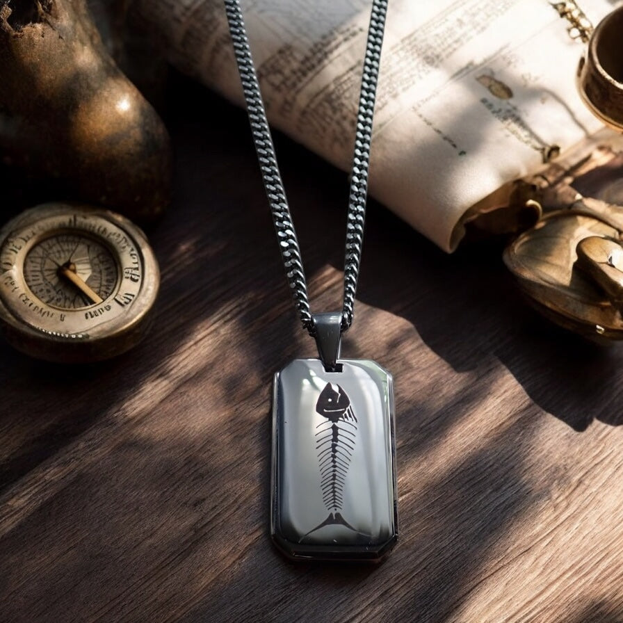Men’s Stainless Steel Dog Tag Necklace – Fish Skeleton Engraved Pendant with Cuban Chain – Silver Fisherman Outdoorsman Chef Jewelry