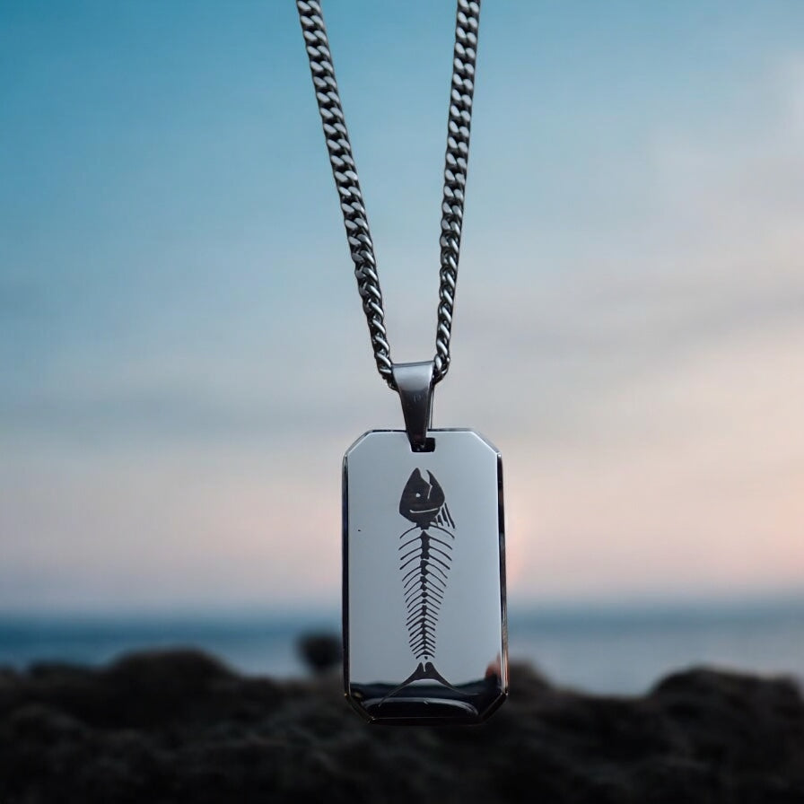 Men’s Stainless Steel Dog Tag Necklace – Fish Skeleton Engraved Pendant with Cuban Chain – Silver Fisherman Outdoorsman Chef Jewelry
