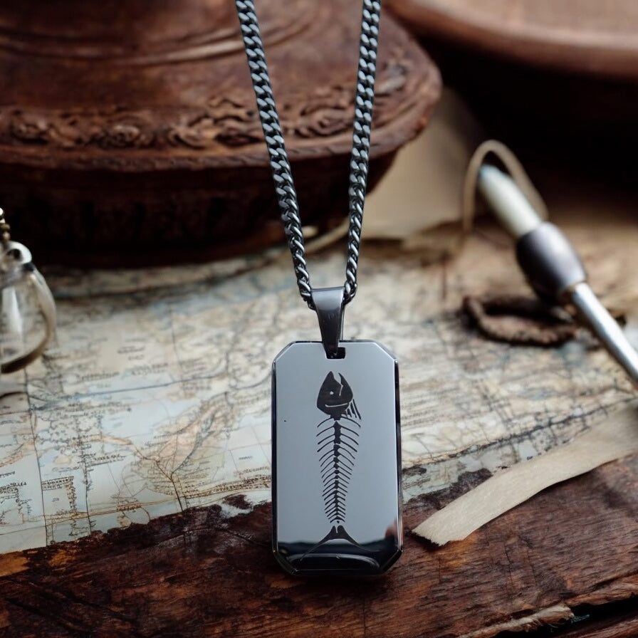 Men’s Stainless Steel Dog Tag Necklace – Fish Skeleton Engraved Pendant with Cuban Chain – Silver Fisherman Outdoorsman Chef Jewelry