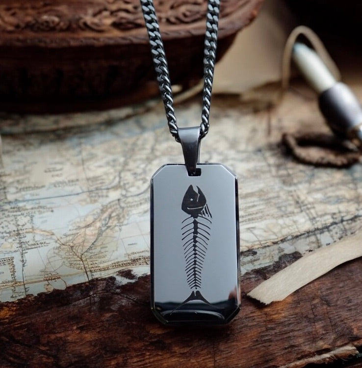 Men’s Stainless Steel Dog Tag Necklace – Fish Skeleton Engraved Pendant with Cuban Chain – Silver Fisherman Outdoorsman Chef Jewelry