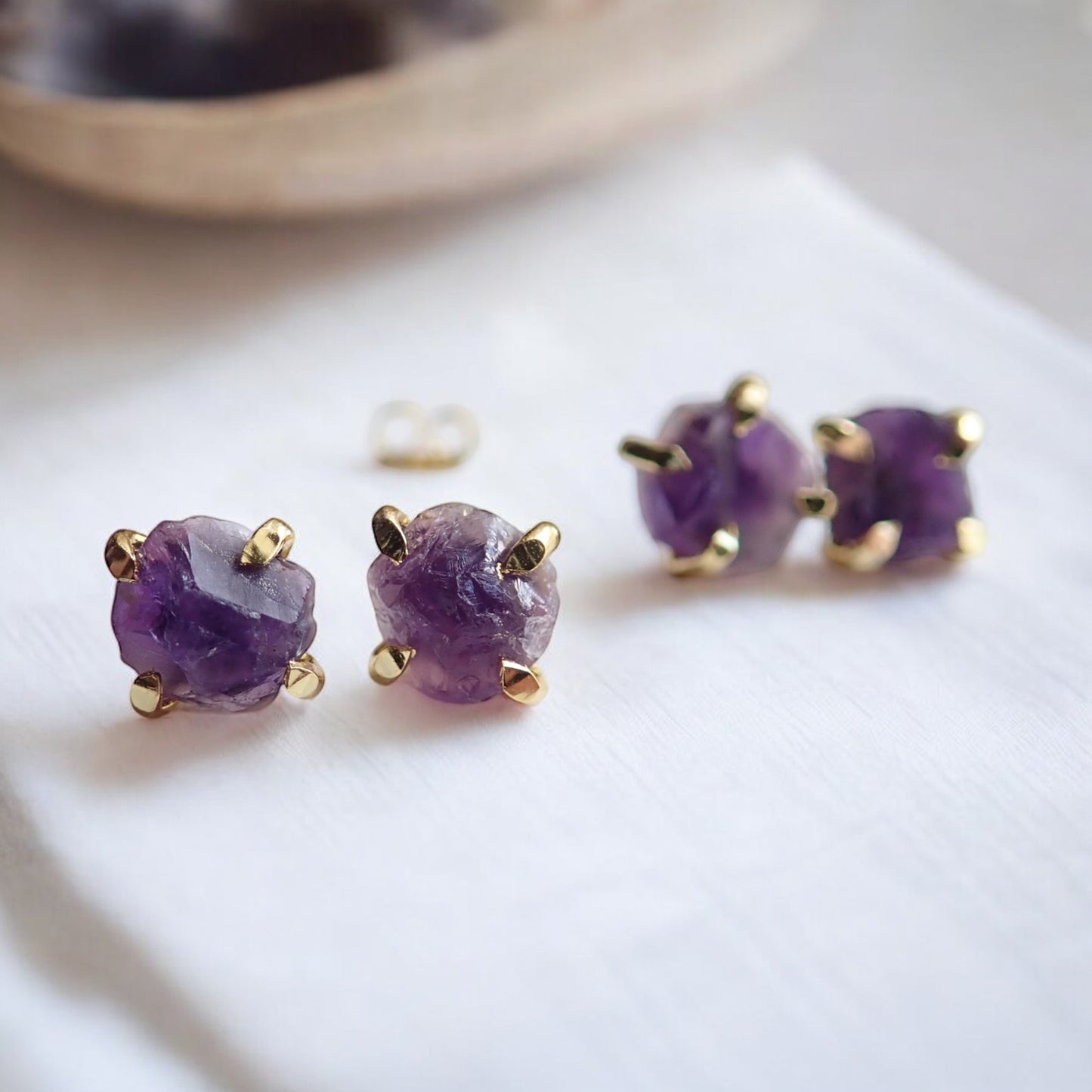 Natural Amethyst Stud Earrings – 14k Gold Plated Prong Setting | Natural Gemstone Jewelry, February Birthstone