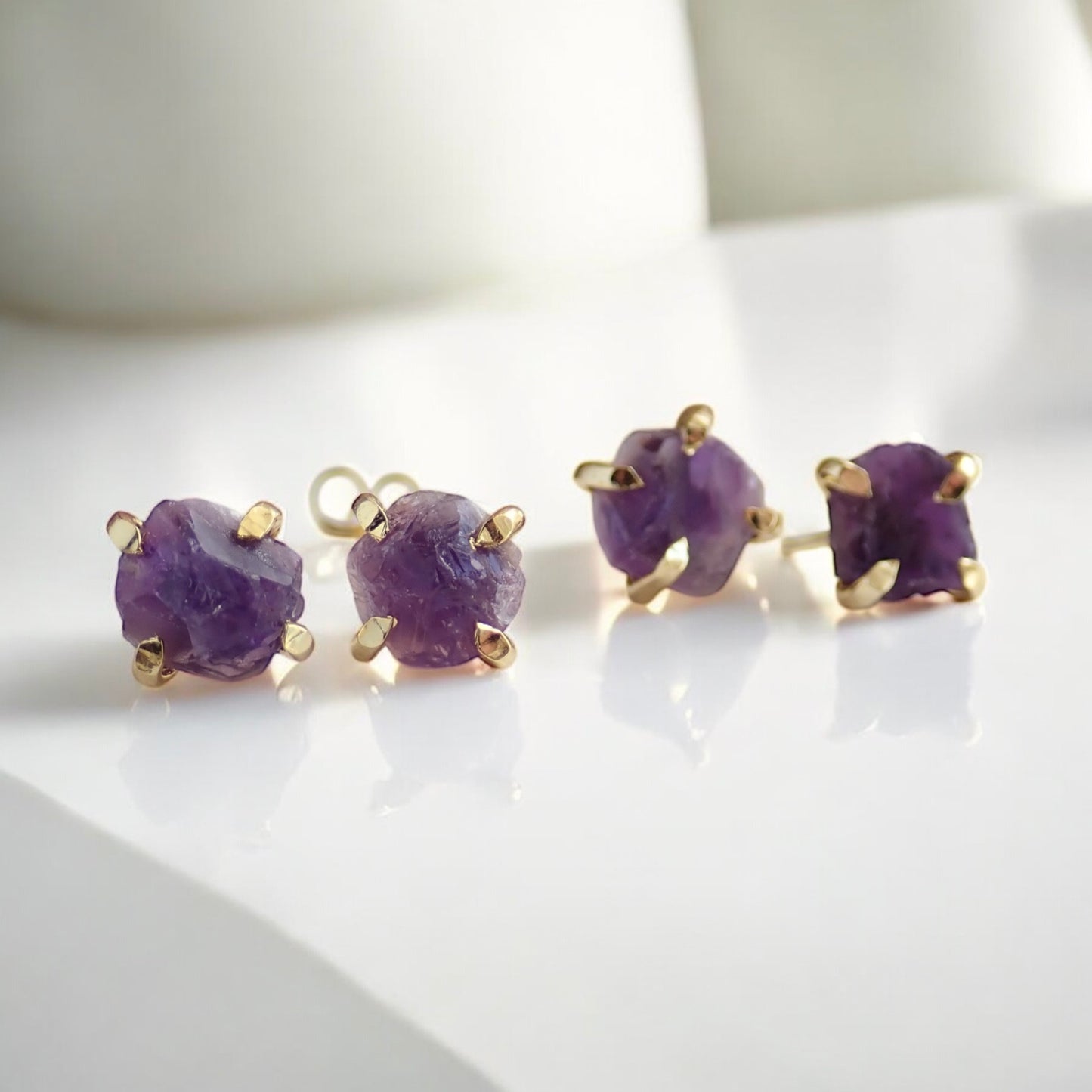 Natural Amethyst Stud Earrings – 14k Gold Plated Prong Setting | Natural Gemstone Jewelry, February Birthstone