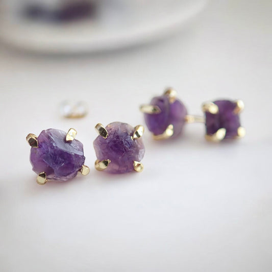 Natural Amethyst Stud Earrings – 14k Gold Plated Prong Setting | Natural Gemstone Jewelry, February Birthstone