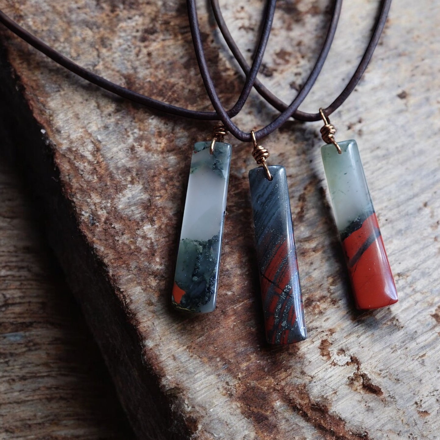 Roca Sangre Necklace -Men’s Leather Cord Necklace with Bloodstone Pendant – Natural Healing Crystal – Strength and Protection Stone Jewelry
