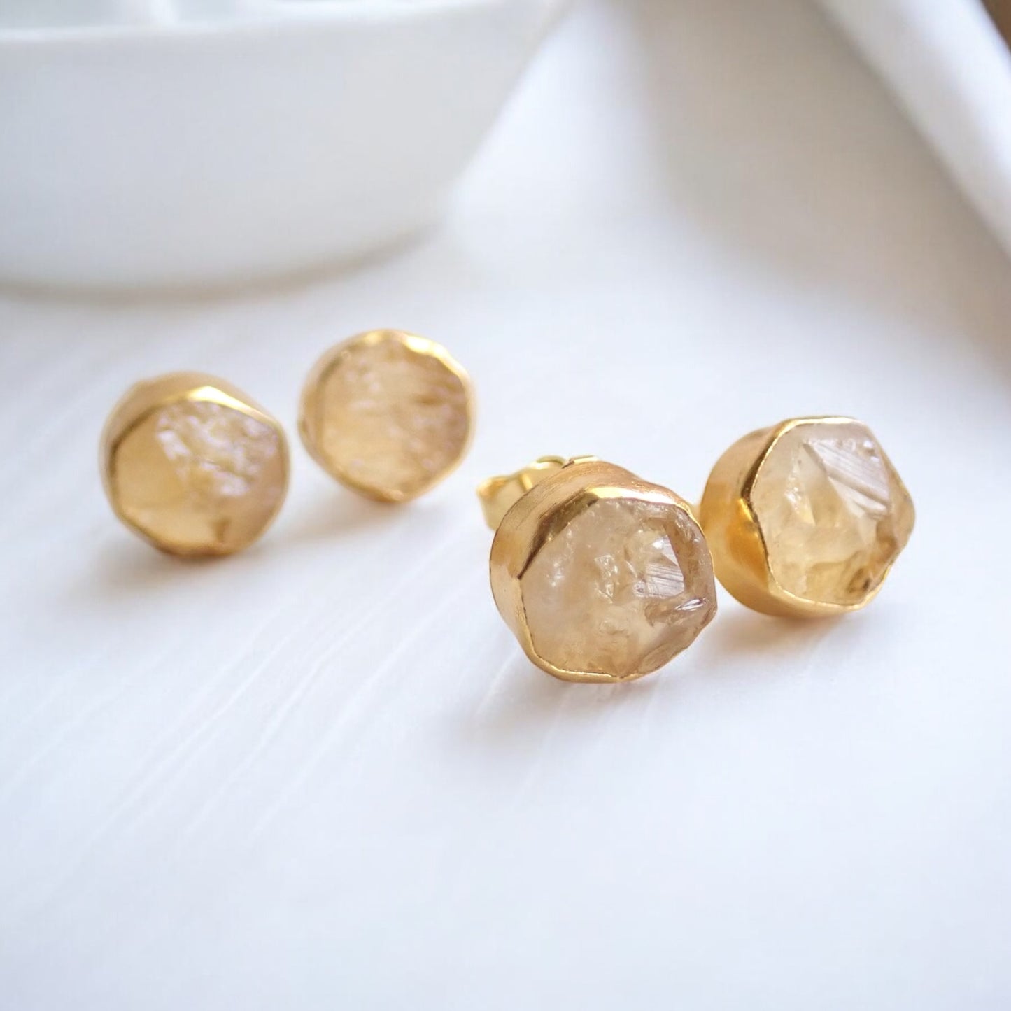 Raw Citrine Stud Earrings – 18k Gold Vermeil over Sterling Silver, Hypoallergenic