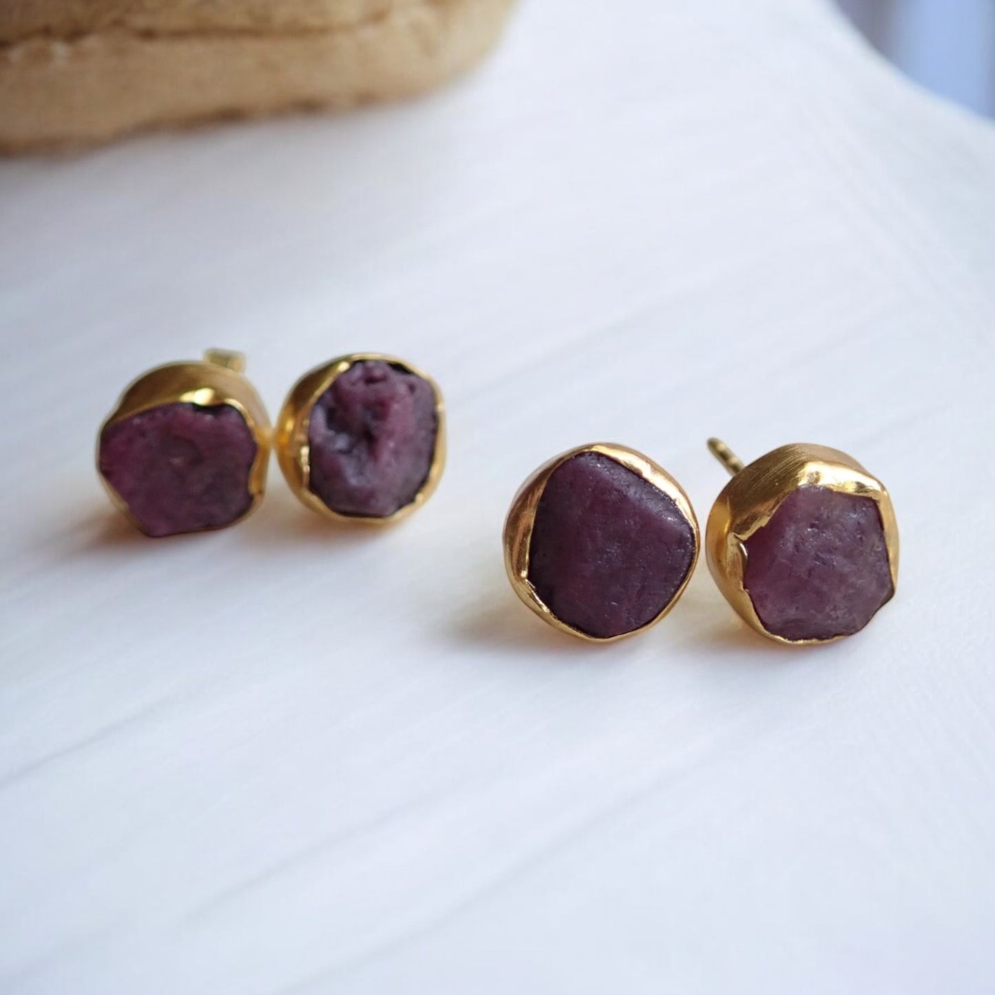 Raw Ruby Stud Earrings – Natural July Birthstone in Gold Setting- 14k Gold Vermeil Studs with Natural Gemstones