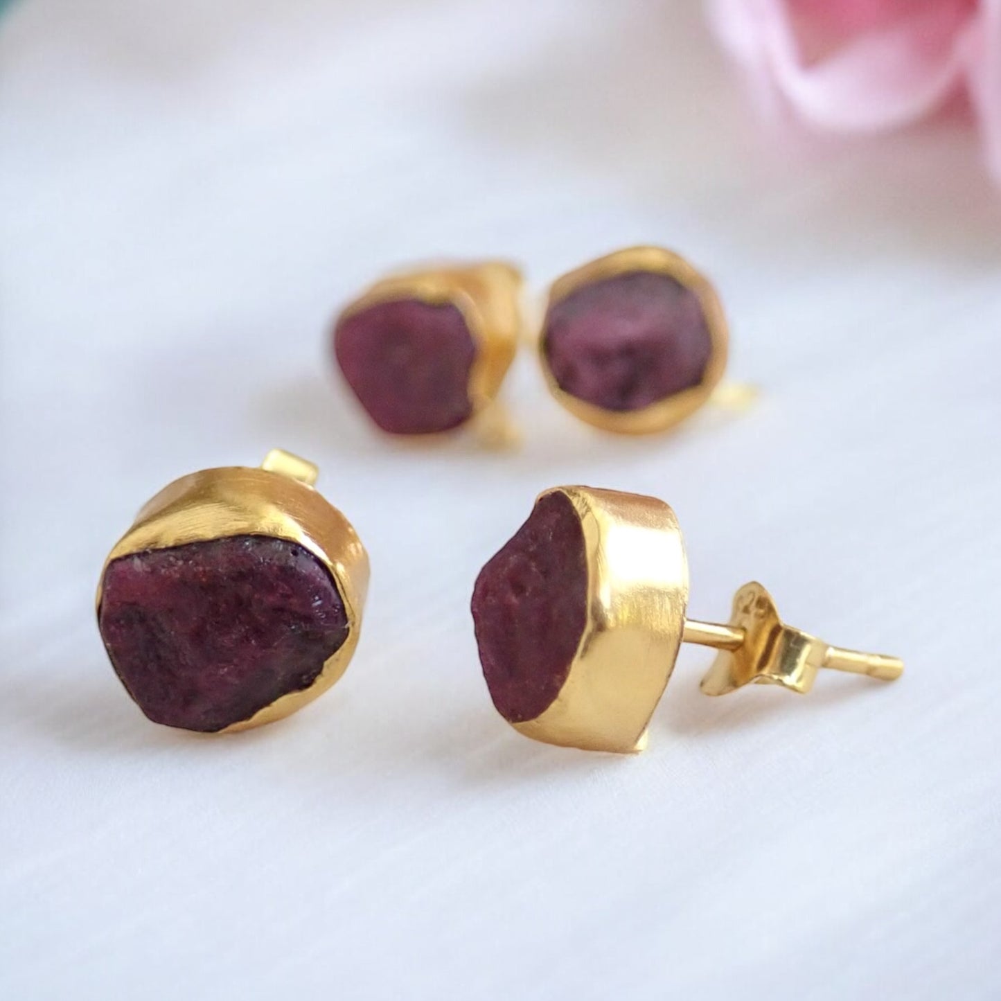 Raw Ruby Stud Earrings – Natural July Birthstone in Gold Setting- 14k Gold Vermeil Studs with Natural Gemstones