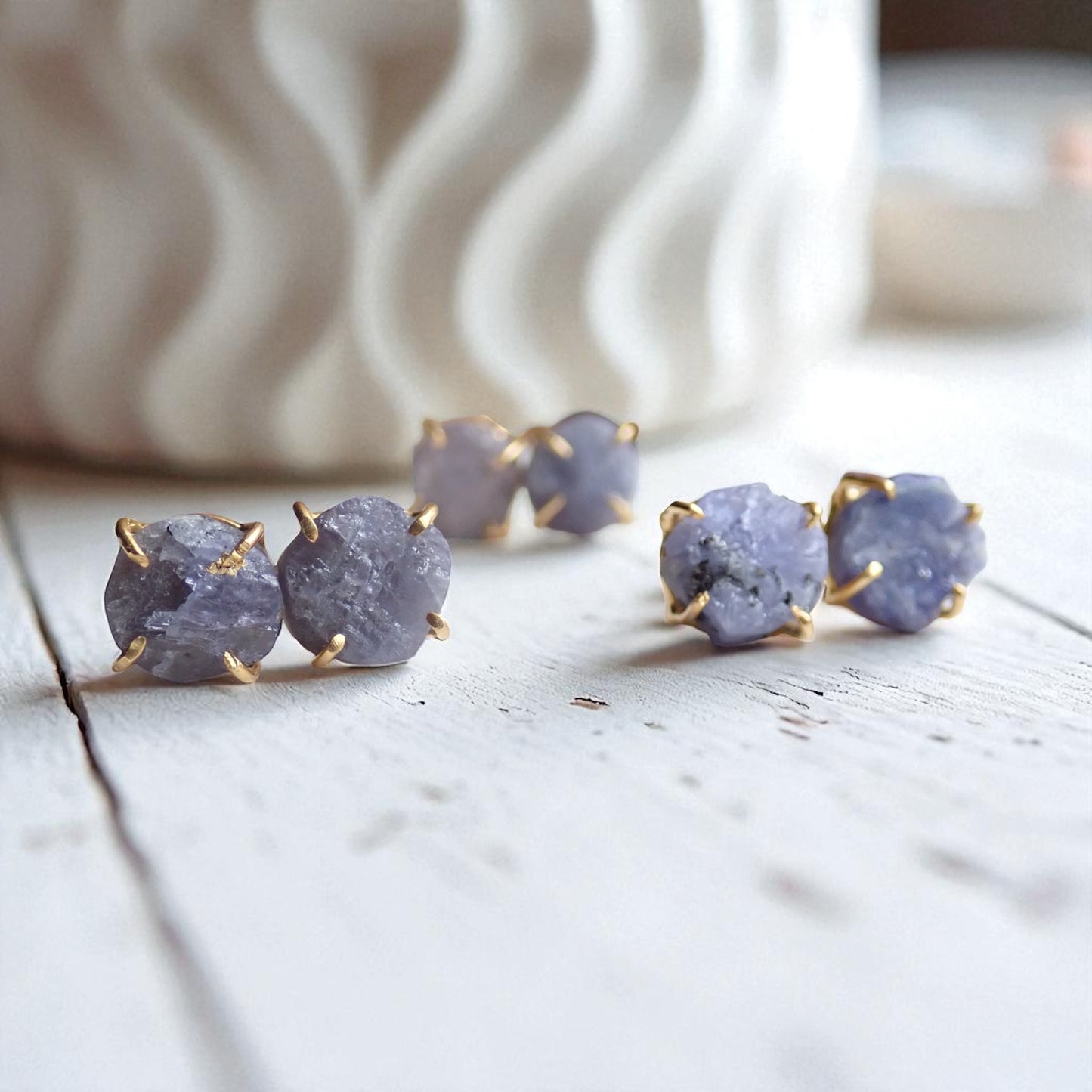 Raw Tanzanite Stud Earrings – Gold Plated Prong Setting | December Birthstone Gemstone Jewelry
