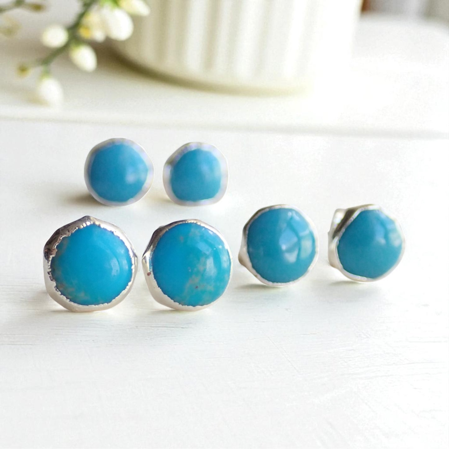 Natural Turquoise Stud Earrings inSilver – Raw Gemstone Post Earrings – December Birthstone – Boho Minimalist Gift for Her,Turquoise Jewelry