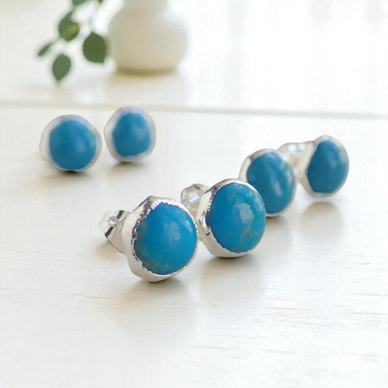 Natural Turquoise Stud Earrings inSilver – Raw Gemstone Post Earrings – December Birthstone – Boho Minimalist Gift for Her,Turquoise Jewelry
