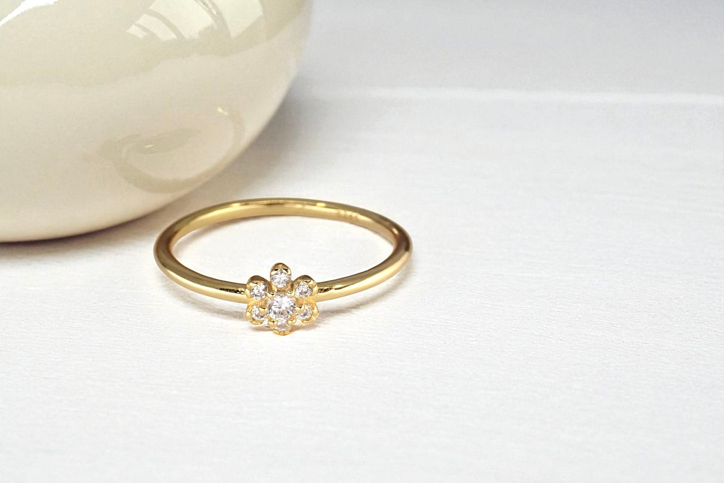 Dainty Diamond Flower Ring | April Birthstone Jewelry, Thin Delicate Stacking Ring