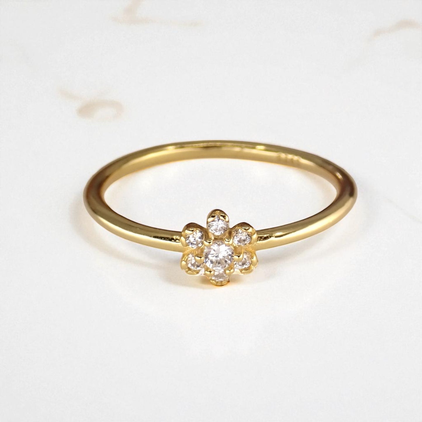 Dainty Diamond Flower Ring | April Birthstone Jewelry, Thin Delicate Stacking Ring