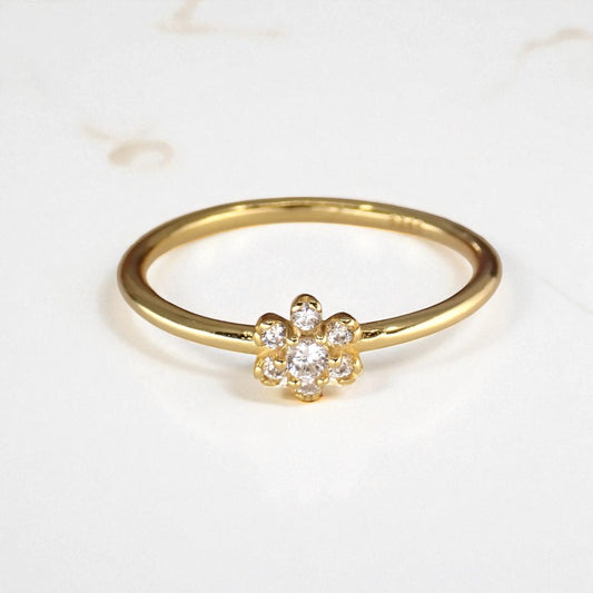 Dainty Diamond Flower Ring | April Birthstone Jewelry, Thin Delicate Stacking Ring