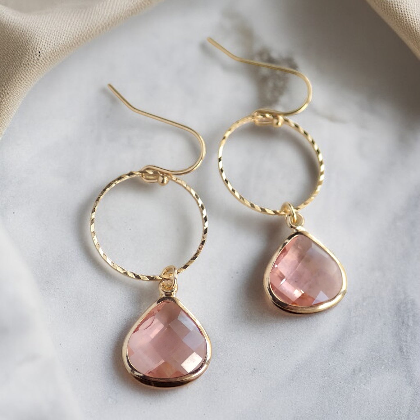 Rose Quartz Glass Dangle Hoop Earrings, Gold Hoop Earrings with Crystal Teardrop Charm, Gemstone Dangle Earrings, Jewelry Gift for Her