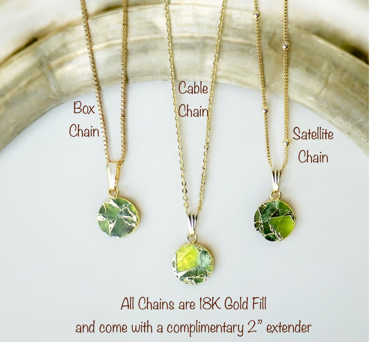 Mojave Turquoise Circle Pendant Necklace, Crushed Peridot, 18K Gold Filled Cable, Box, or Satellite Chain